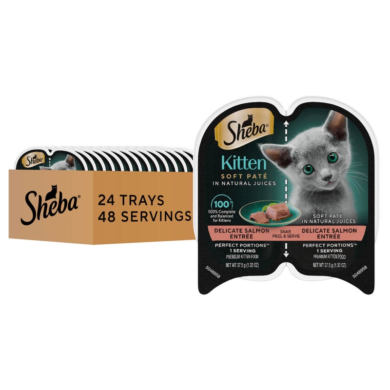 Sheba Perfect Portions Kitten Wet Food, Pate Cat Food Wet Entree, Salmon Recipe, 2.6 oz. Twin-Pack Trays (24 Count, 48 Servings) - Image 1