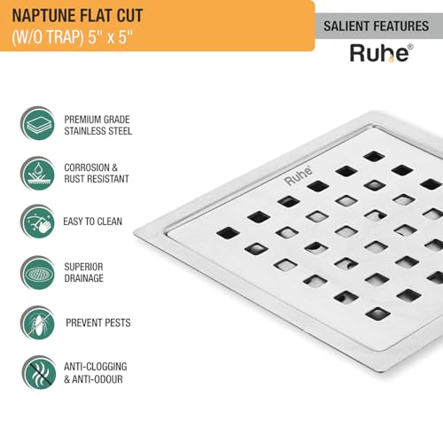 Ruhe® Naptune Flat Cut Square Floor Drain 5 Inch | Jali for Bathroom and Kitchen Floors, Waste Water Drain Jali | Premium Stainless Steel Floor Drain 5 x 5 inches - Image 3