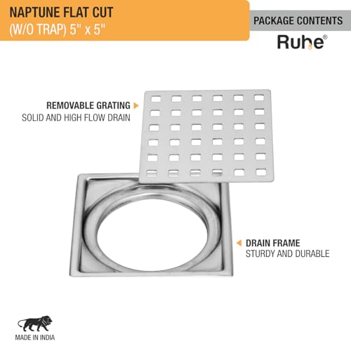 Ruhe® Naptune Flat Cut Square Floor Drain 5 Inch | Jali for Bathroom and Kitchen Floors, Waste Water Drain Jali | Premium Stainless Steel Floor Drain 5 x 5 inches - Image 4