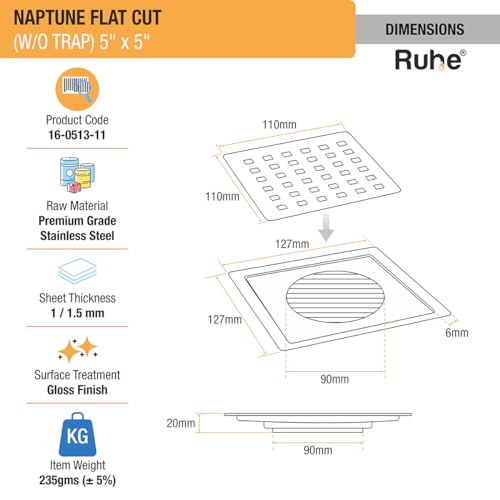Ruhe® Naptune Flat Cut Square Floor Drain 5 Inch | Jali for Bathroom and Kitchen Floors, Waste Water Drain Jali | Premium Stainless Steel Floor Drain 5 x 5 inches - Image 2