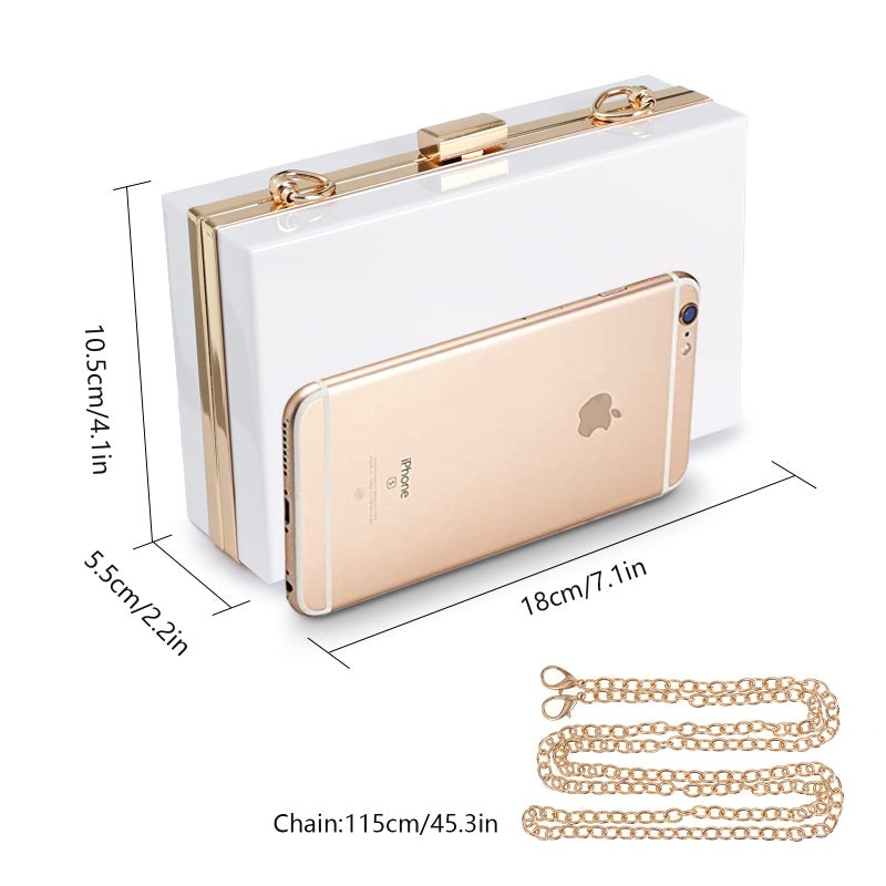WJCD Clear Acrylic Crossbody Purse - Stadium Approved Box Clutch with Gold Chain, Small Transparent Evening Bag for Women (White) - Image 4