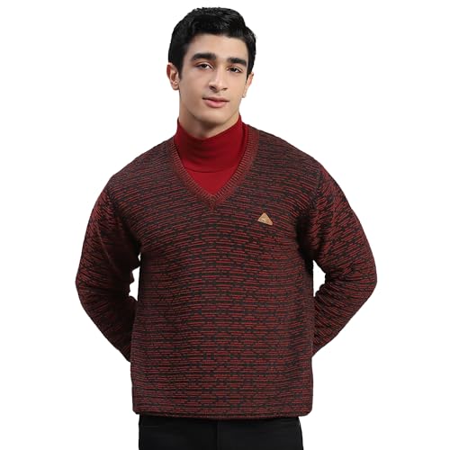Monte Carlo Maroon Self Design V Neck Sweater | Warm Woolen Pullover for Men | Soft Comfortable Knitted Winter Wear Sweater for Men's - Image 1