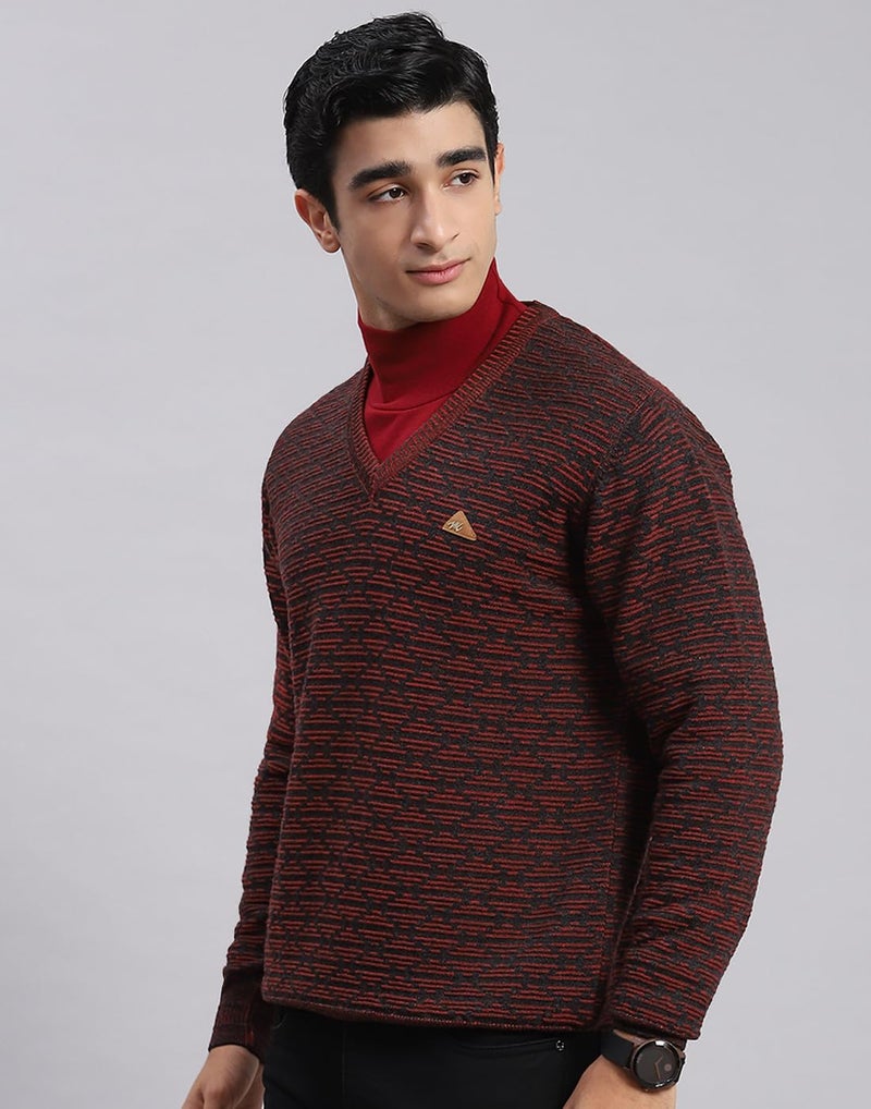 Monte Carlo Maroon Self Design V Neck Sweater | Warm Woolen Pullover for Men | Soft Comfortable Knitted Winter Wear Sweater for Men's - Image 4