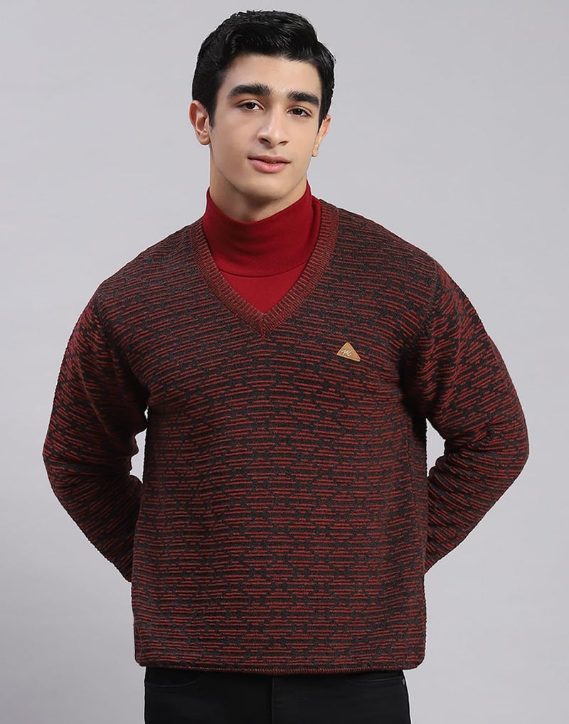 Monte Carlo Maroon Self Design V Neck Sweater | Warm Woolen Pullover for Men | Soft Comfortable Knitted Winter Wear Sweater for Men's - Image 3