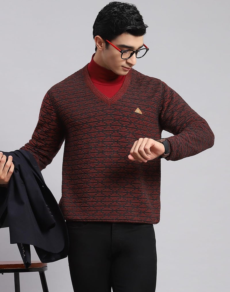 Monte Carlo Maroon Self Design V Neck Sweater | Warm Woolen Pullover for Men | Soft Comfortable Knitted Winter Wear Sweater for Men's - Image 2