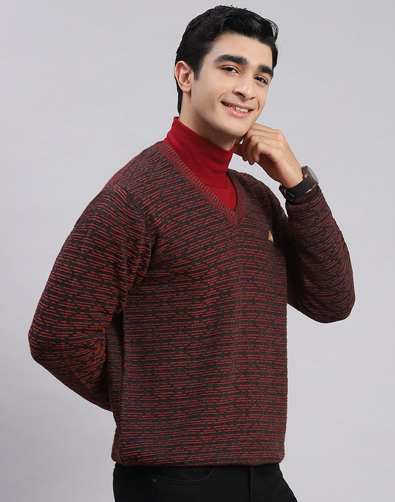 Monte Carlo Maroon Self Design V Neck Sweater | Warm Woolen Pullover for Men | Soft Comfortable Knitted Winter Wear Sweater for Men's - Image 5