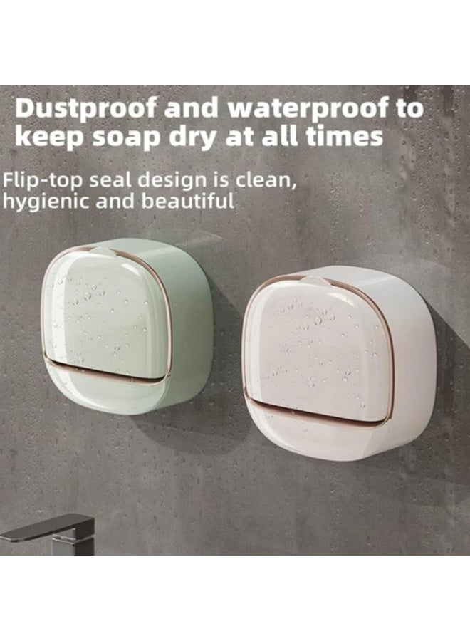 سكينة حامل صابون حائطي مقاوم للماء، صينية تصريف، صندوق صابون، حافظة صابون متينة من مادة ABS، حافظة لحفظ الصابون، غطاء قلاب بتصميم مقاوم للغبار، للحمام والدش والمطبخ (أبيض وأخضر) - Image 4