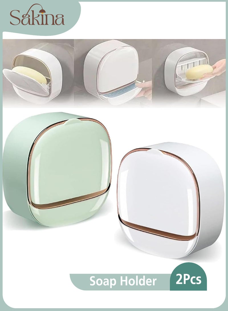 سكينة حامل صابون حائطي مقاوم للماء، صينية تصريف، صندوق صابون، حافظة صابون متينة من مادة ABS، حافظة لحفظ الصابون، غطاء قلاب بتصميم مقاوم للغبار، للحمام والدش والمطبخ (أبيض وأخضر) - Image 1