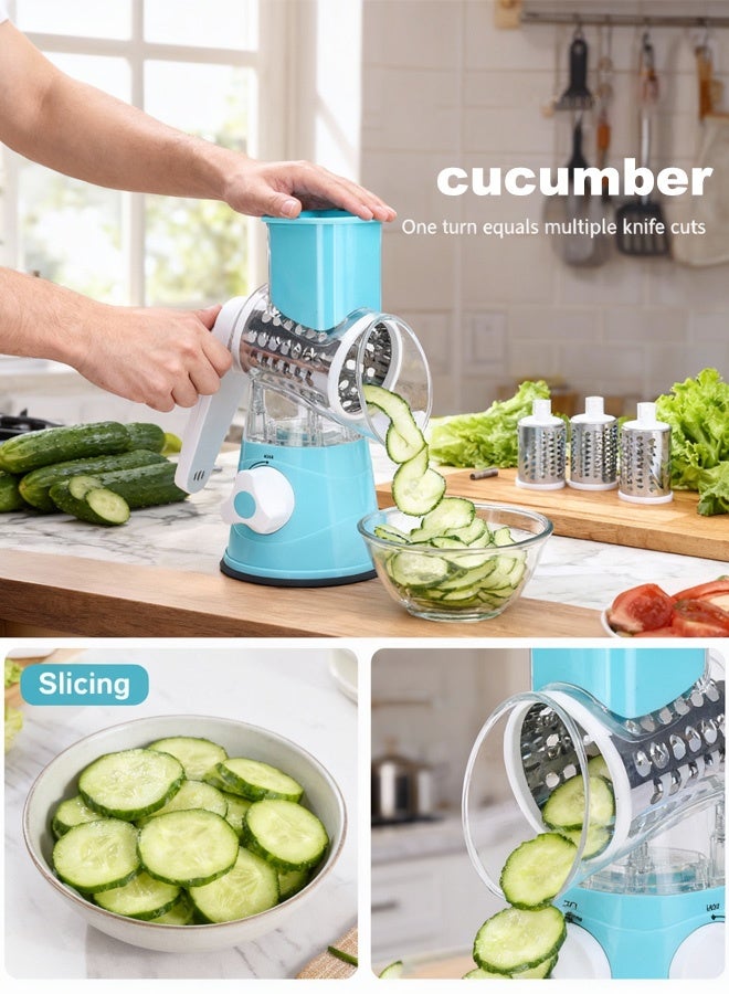 Rotary Cheese Grater Vegetable Slicer Kitchen Grater with 3 Interchangeable Stainless Steel Roller Blades for Cheese Vegetable Fruit Nuts - Image 3