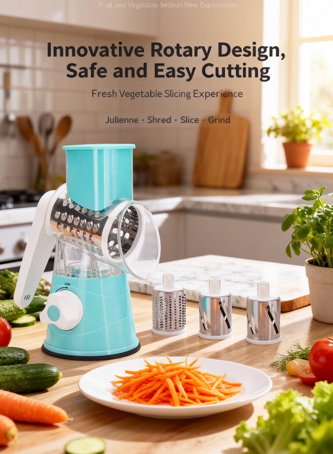Rotary Cheese Grater Vegetable Slicer Kitchen Grater with 3 Interchangeable Stainless Steel Roller Blades for Cheese Vegetable Fruit Nuts - Image 1