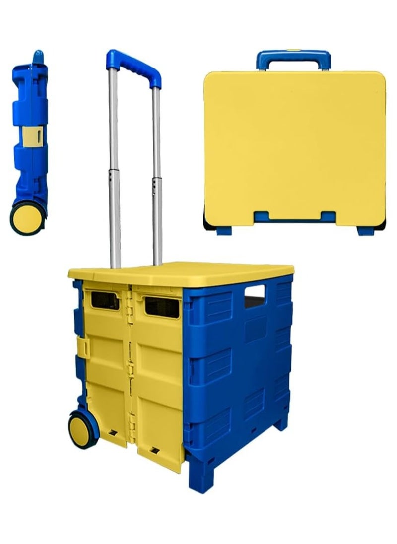 BERRY Berry 40kg Foldable Shopping Trolley – Plastic Cart with 2 Wheels, Lid & Telescopic Handle | Portable Multipurpose Cart for Shopping & Teachers (Blue & Yellow)  - Image 1