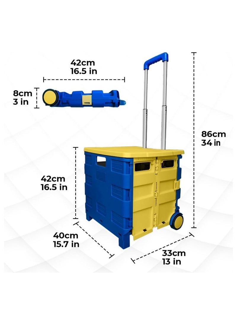 BERRY Berry 40kg Foldable Shopping Trolley – Plastic Cart with 2 Wheels, Lid & Telescopic Handle | Portable Multipurpose Cart for Shopping & Teachers (Blue & Yellow)  - Image 2