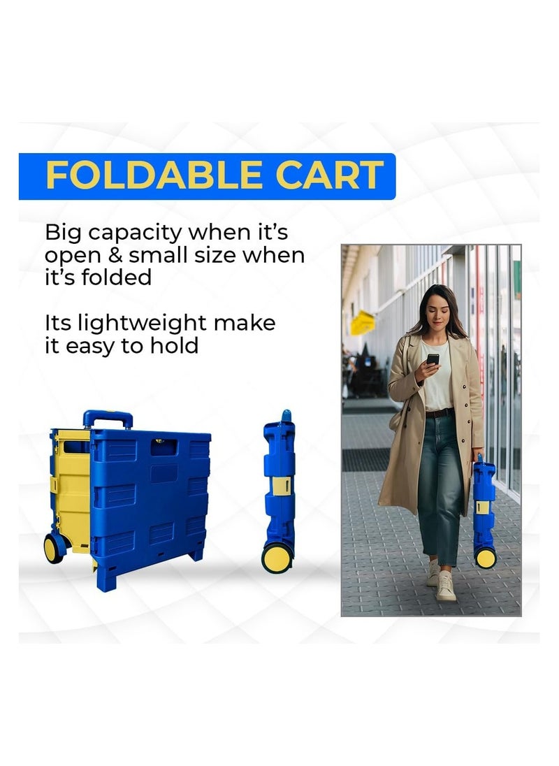 BERRY Berry 40kg Foldable Shopping Trolley – Plastic Cart with 2 Wheels, Lid & Telescopic Handle | Portable Multipurpose Cart for Shopping & Teachers (Blue & Yellow)  - Image 4