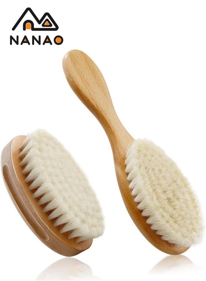 NANAO 2 Piece Baby Hair Brush and Comb Set for Newborn - Wooden Baby Hair Brush Set with Soft Goat Bristle, Baby Brush and Comb Set Girl, Boy, Toddler Cradle Cap Brush (Round, Walnut) - Image 1