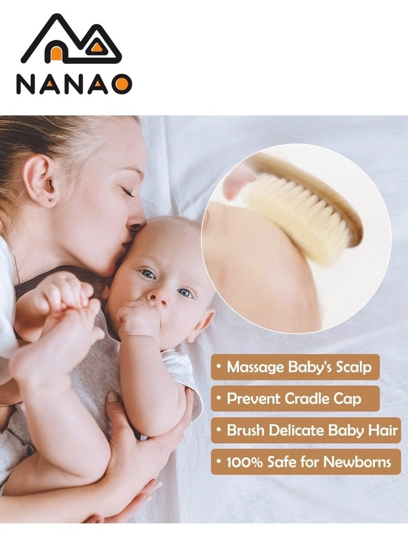 NANAO 2 Piece Baby Hair Brush and Comb Set for Newborn - Wooden Baby Hair Brush Set with Soft Goat Bristle, Baby Brush and Comb Set Girl, Boy, Toddler Cradle Cap Brush (Round, Walnut) - Image 2
