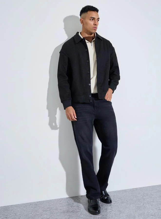 Styli  Black Solid Button-Up Jacket for Men | Best Price UAE