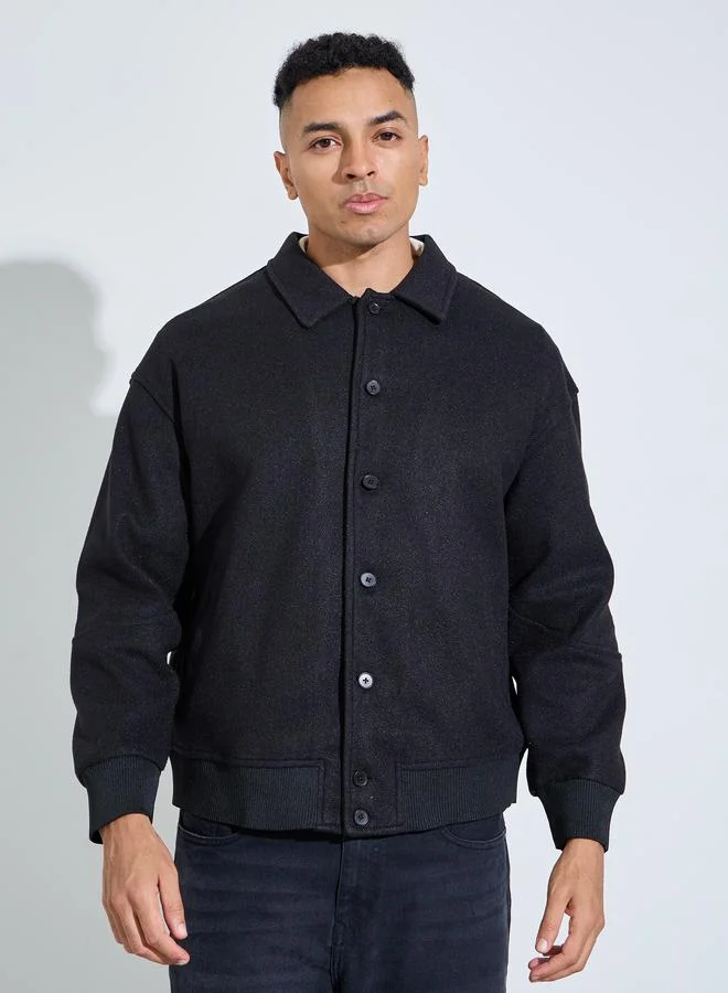 Styli  Black Solid Button-Up Jacket for Men | Best Price UAE