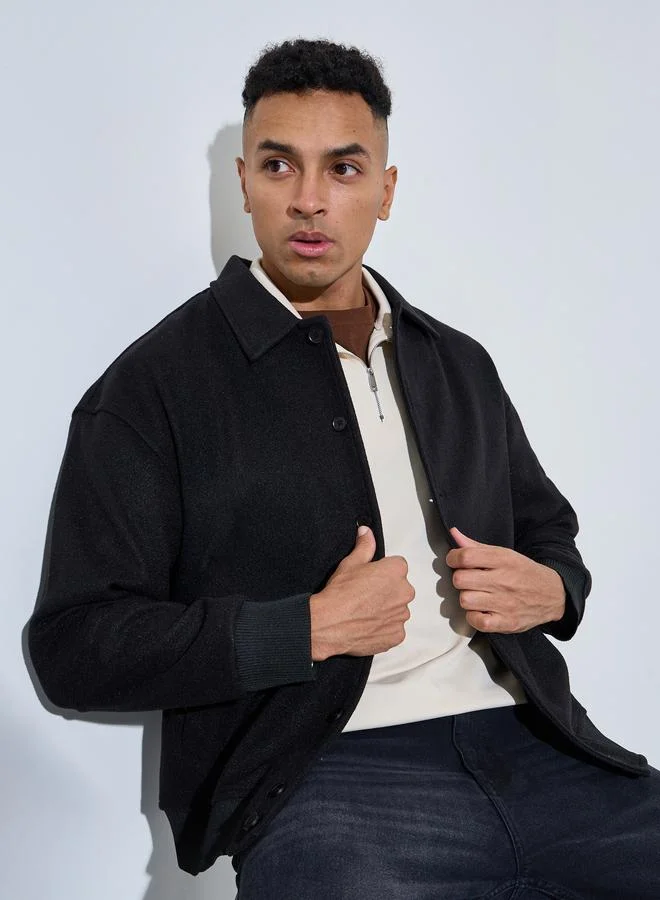 Black Solid Button-Up Jacket