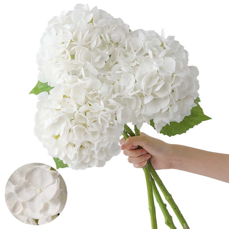 JUSTOYOU 3 Pcs Real Touch Hydrangea Artificial Flowers 225 Lifelike Latex White Hydrangeas Fake Hydrangeas for Home Decor Party Wedding Bouquets Table Centerpieces Floral Arrangements Indoor Outdoor Decor - Image 2