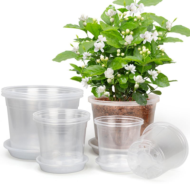 RAOOKIF 10/8/6/5 Inch Clear Nursery Pots with Drainage Hole and Saucers, 12 Pack Large Nursery Pots for Plants for Indoor Outdoor, Plastic Clear Plant Pots for Flowers, Succulents, Vegetables - Image 1