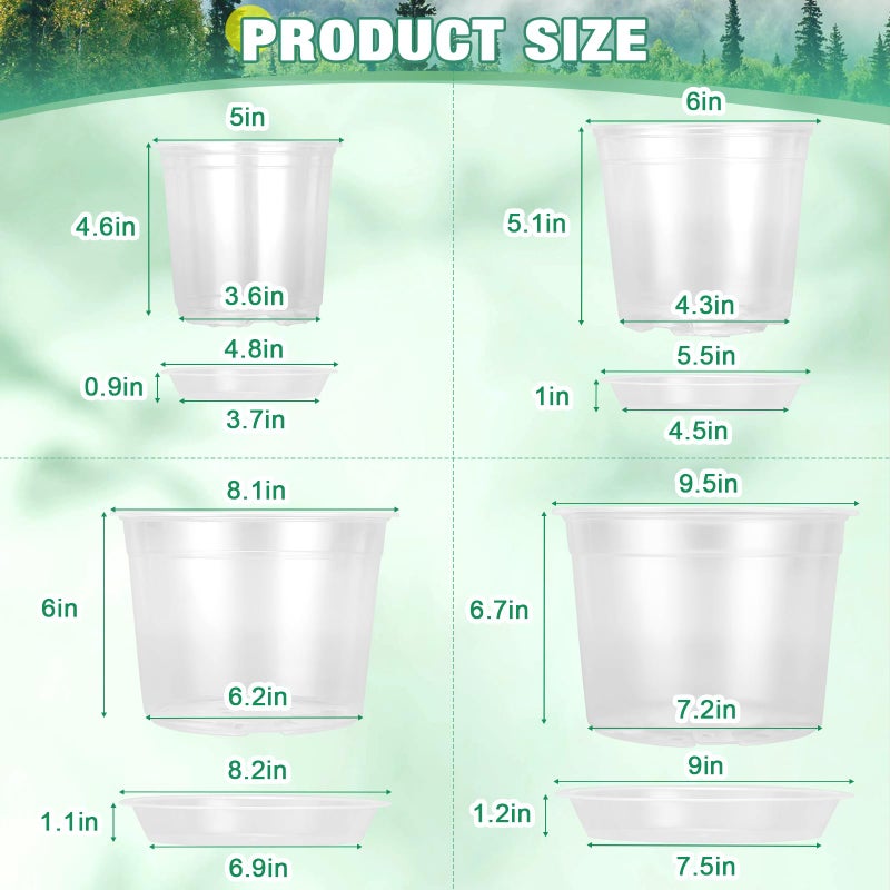 RAOOKIF 10/8/6/5 Inch Clear Nursery Pots with Drainage Hole and Saucers, 12 Pack Large Nursery Pots for Plants for Indoor Outdoor, Plastic Clear Plant Pots for Flowers, Succulents, Vegetables - Image 2
