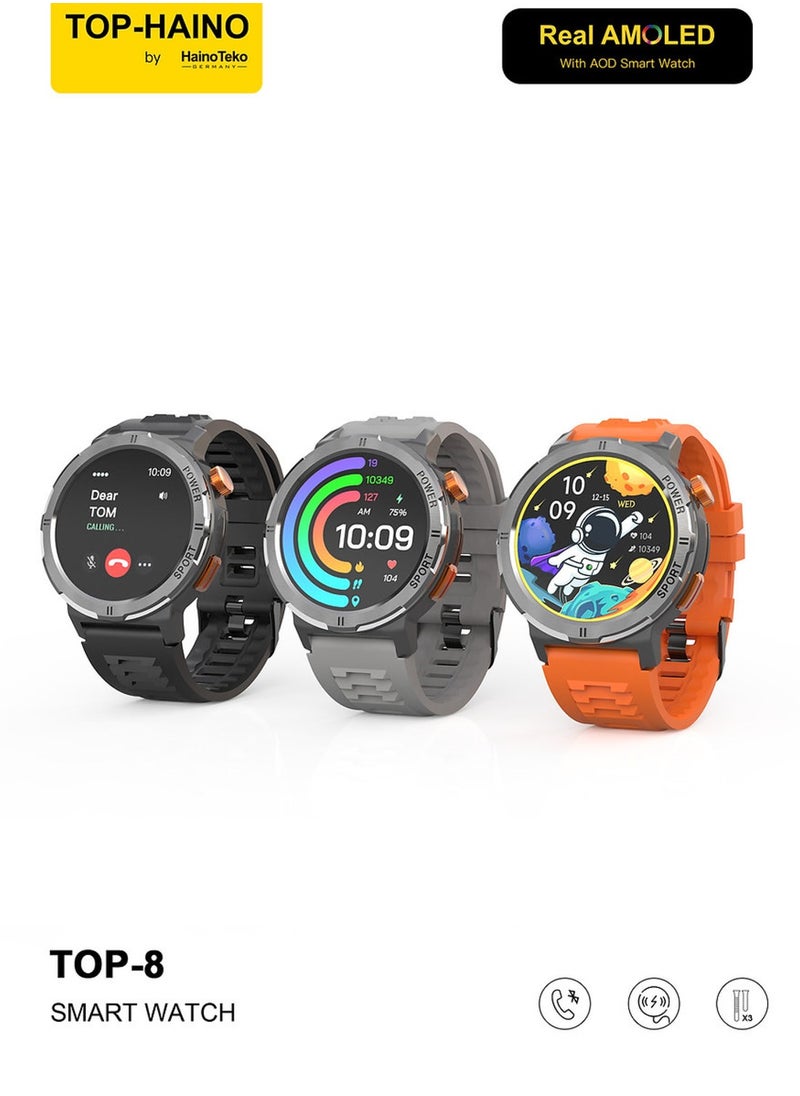 Haino Teko TOP 8 Real AMOLED Display with AOD Smart Watch 3 Pair Straps Wireless Charger for Gents  - Image 1