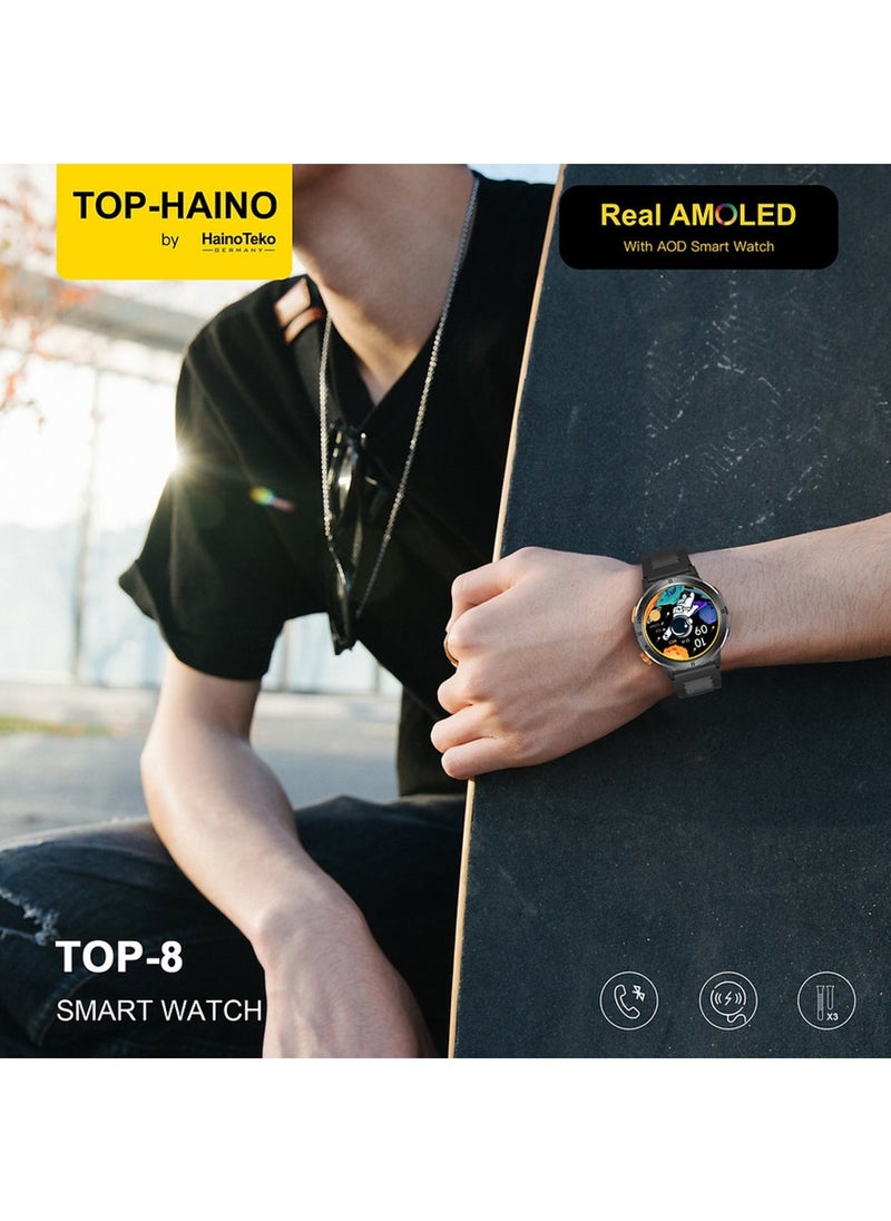 Haino Teko TOP 8 Real AMOLED Display with AOD Smart Watch 3 Pair Straps Wireless Charger for Gents  - Image 5