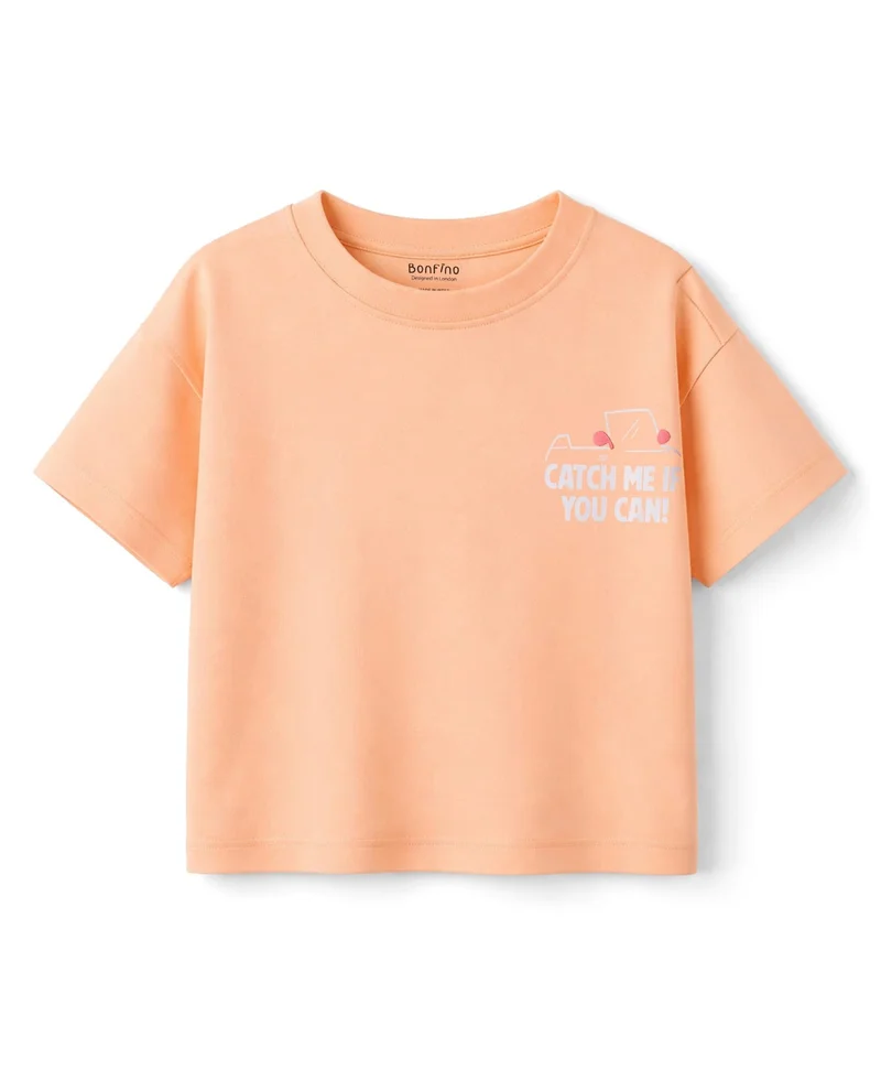 Bonfino Bonfino 100% Cotton Drop Shoulder Oversized Half Sleeve T-Shirts With Front and Back Cars Print - Peach