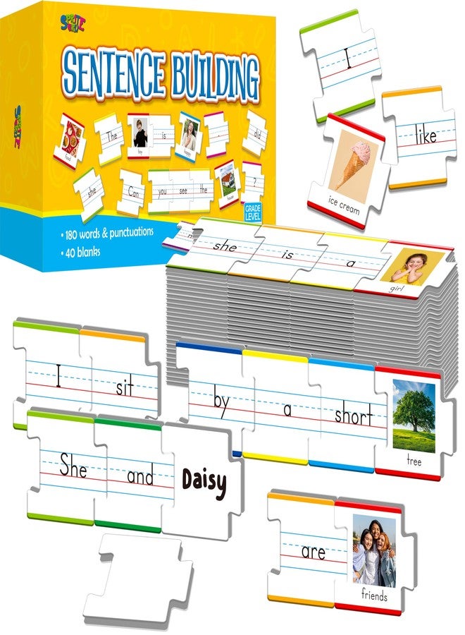 SpriteGru 110 pieces sentence building, double-sided puzzles with 180 sight words and 20 gaps for learning sentences, early reading, writing and language practice - Image 1