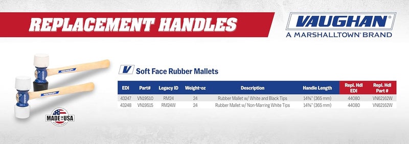 Vaughan 24 oz Soft Face Rubber Mallet, Made In The USA, Non Marring White, RM24W, VN19515 - Image 4