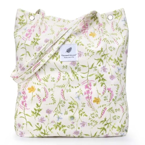 LHMTQVK Corduroy Tote Bags for Women, Large Capacity Corduroy Bag Reusable Grocery Shoulder Bag with Inner Pockets(Green-violet) - Image 1