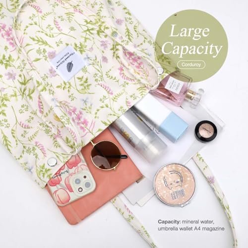 LHMTQVK Corduroy Tote Bags for Women, Large Capacity Corduroy Bag Reusable Grocery Shoulder Bag with Inner Pockets(Green-violet) - Image 3
