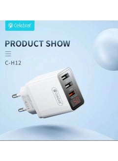 سليبرات شاحن سفر سريع ثلاثي منافذ USB من سيليبرات C-H12-EU مع كابل شحن USB إلى النوع C وشاشة عرض رقمية LED تناسب مختلف الأجهزة الذكية 30 وات - أبيض  - Image 1