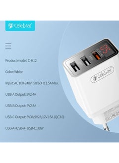 سليبرات شاحن سفر سريع ثلاثي منافذ USB من سيليبرات C-H12-EU مع كابل شحن USB إلى النوع C وشاشة عرض رقمية LED تناسب مختلف الأجهزة الذكية 30 وات - أبيض  - Image 2