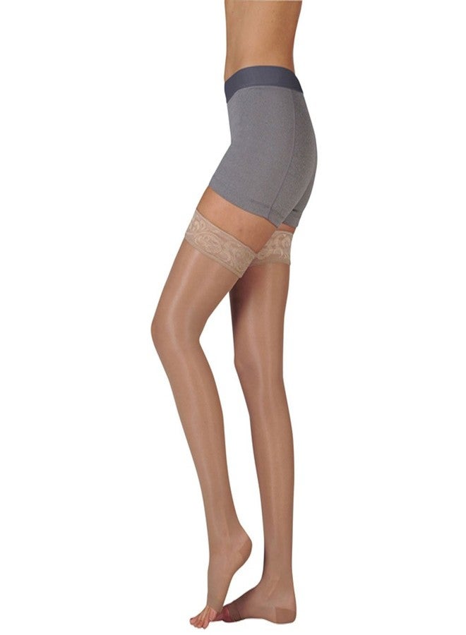 Juzo Naturally Sheer Compression Thigh High w/Silicone Top Band Open Toe 15-20mmHg, II, Beige