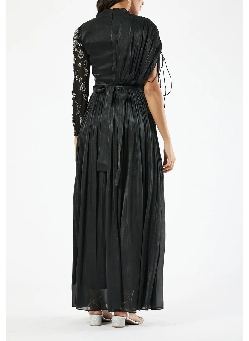 امري Beautiful Silk Embroidered Draped Long Dress With V-Neckline And Asymmetrical Sleeves