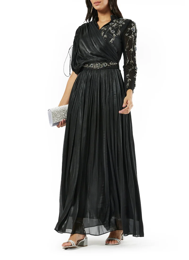 امري Beautiful Silk Embroidered Draped Long Dress With V-Neckline And Asymmetrical Sleeves