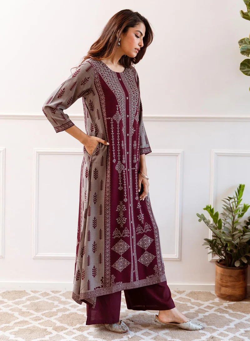 ISHIN Women's Maroon 100% Cotton Printed A-Line Kurta Set