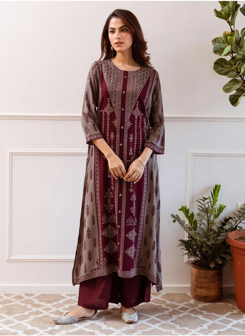 ISHIN Floral Printed Round Neck A-Line Kurta With Palazzos