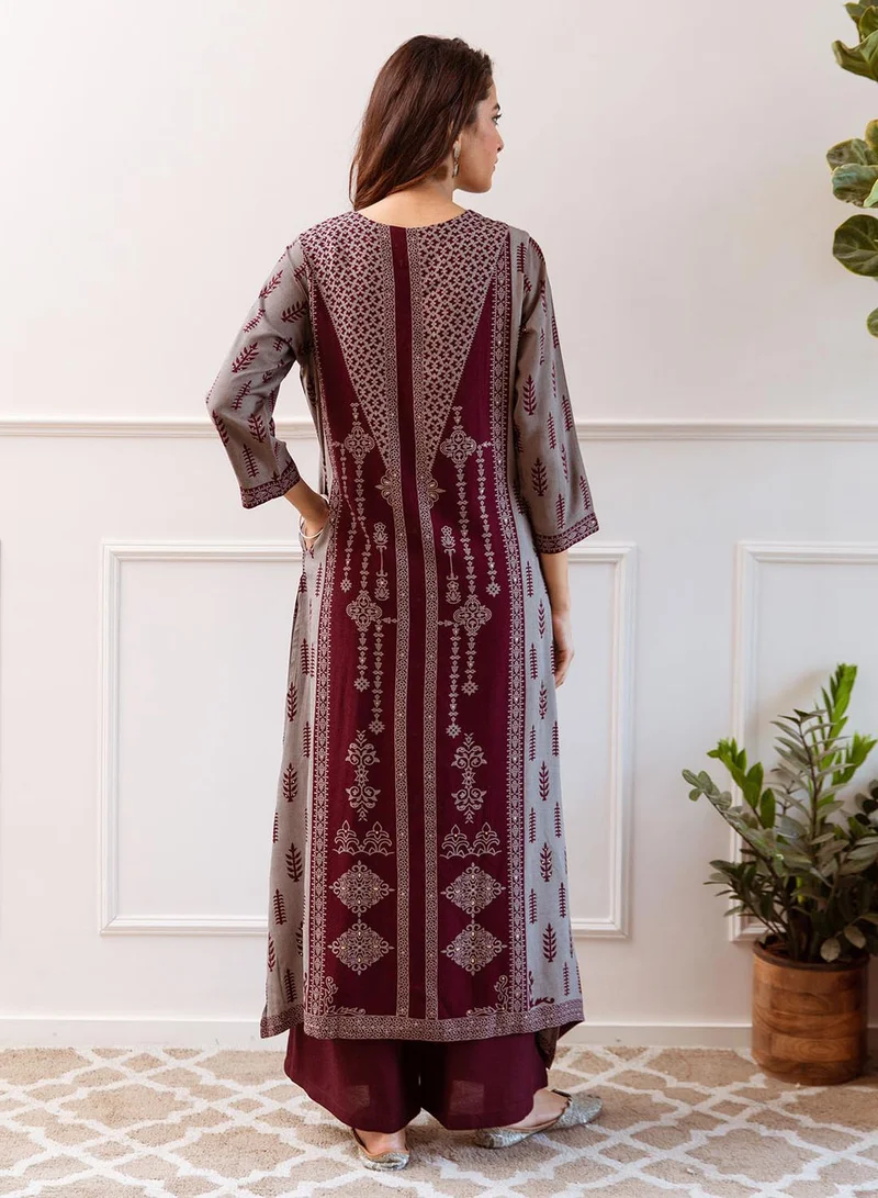 ISHIN Women's Maroon 100% Cotton Printed A-Line Kurta Set