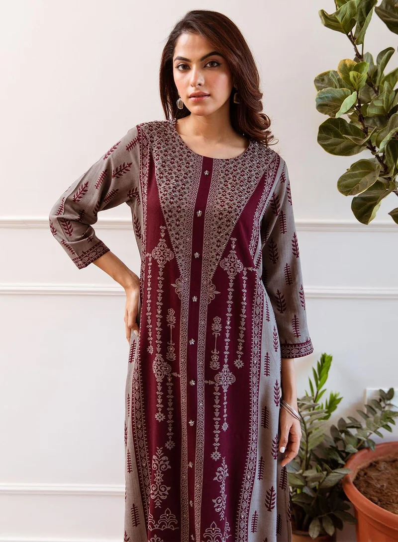 ISHIN Women's Maroon 100% Cotton Printed A-Line Kurta Set