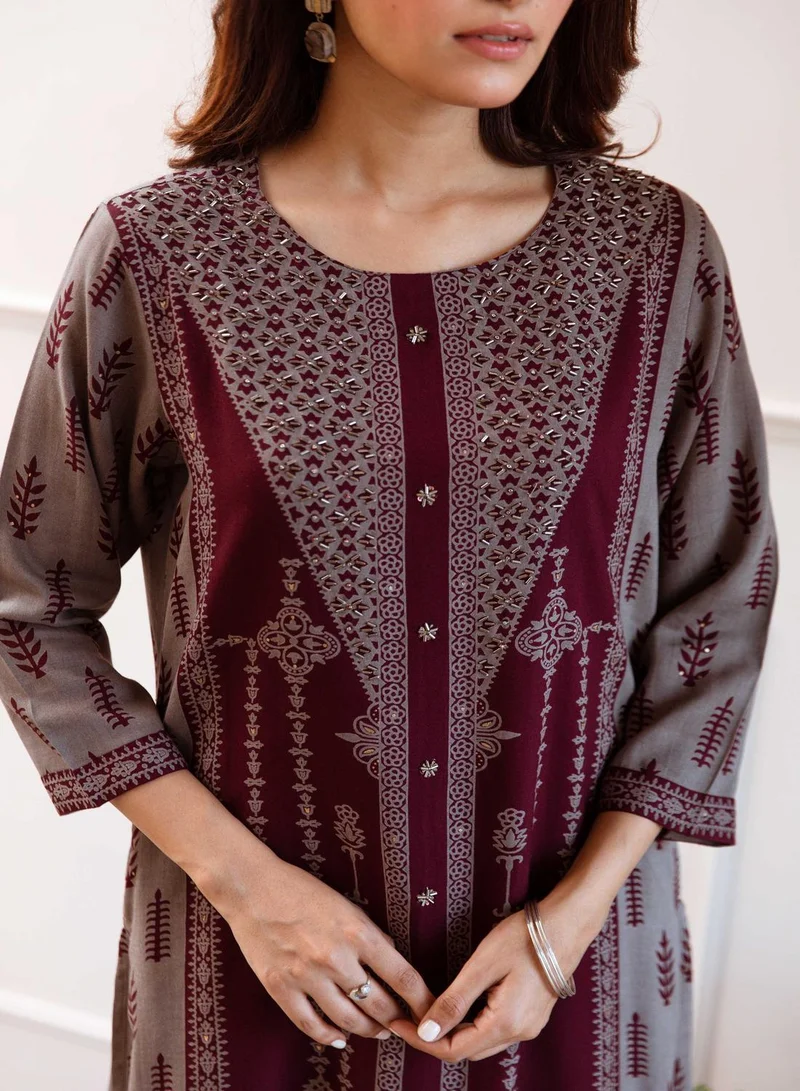 ISHIN Women's Maroon 100% Cotton Printed A-Line Kurta Set