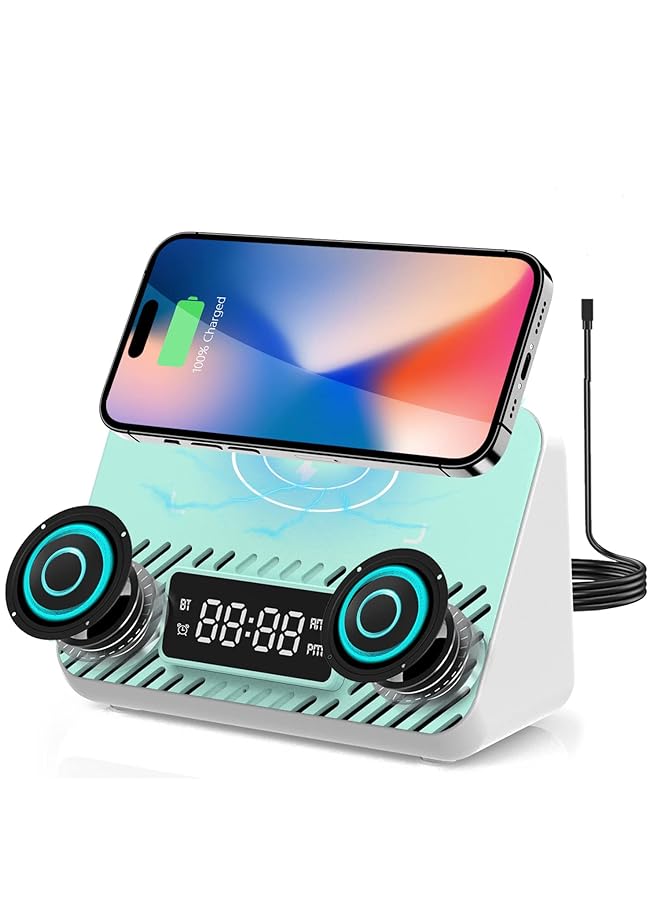 إكسفور محطة شحن لاسلكية 3 في 1 مع مكبر صوت بلوتوث وساعة منبه مكبر صوت بلوتوث LED محمول مع شاحن لاسلكي سريع 15 واط لهواتف آيفون وسامسونج وهواتف أندرويد الأخرى أزرق أبيض - Image 1