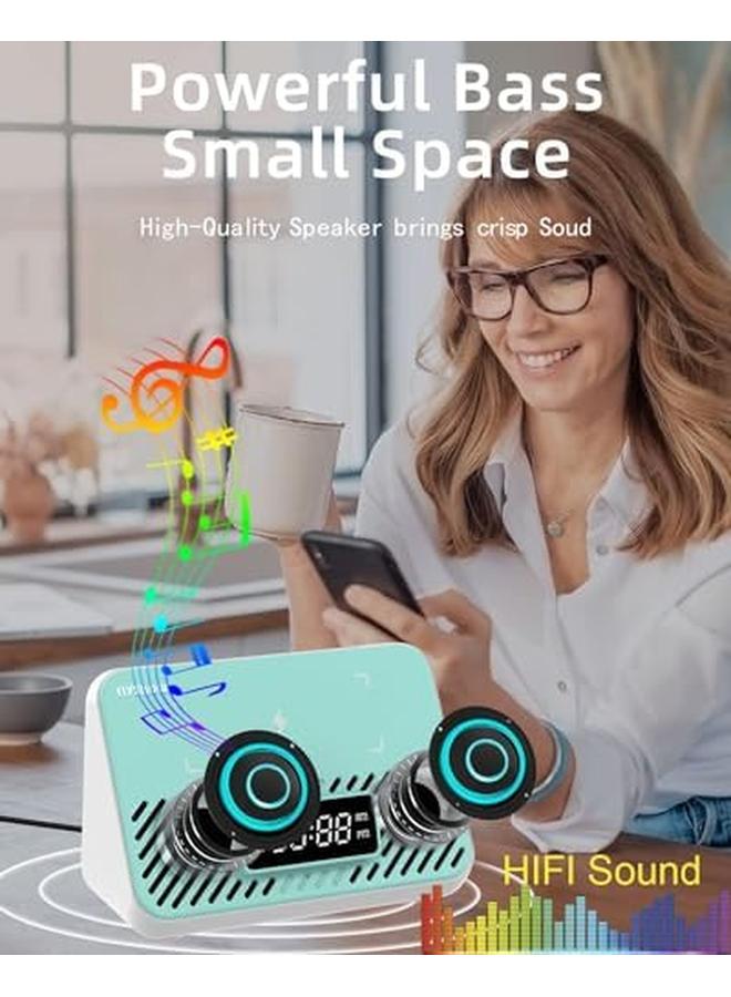 إكسفور محطة شحن لاسلكية 3 في 1 مع مكبر صوت بلوتوث وساعة منبه مكبر صوت بلوتوث LED محمول مع شاحن لاسلكي سريع 15 واط لهواتف آيفون وسامسونج وهواتف أندرويد الأخرى أزرق أبيض - Image 3