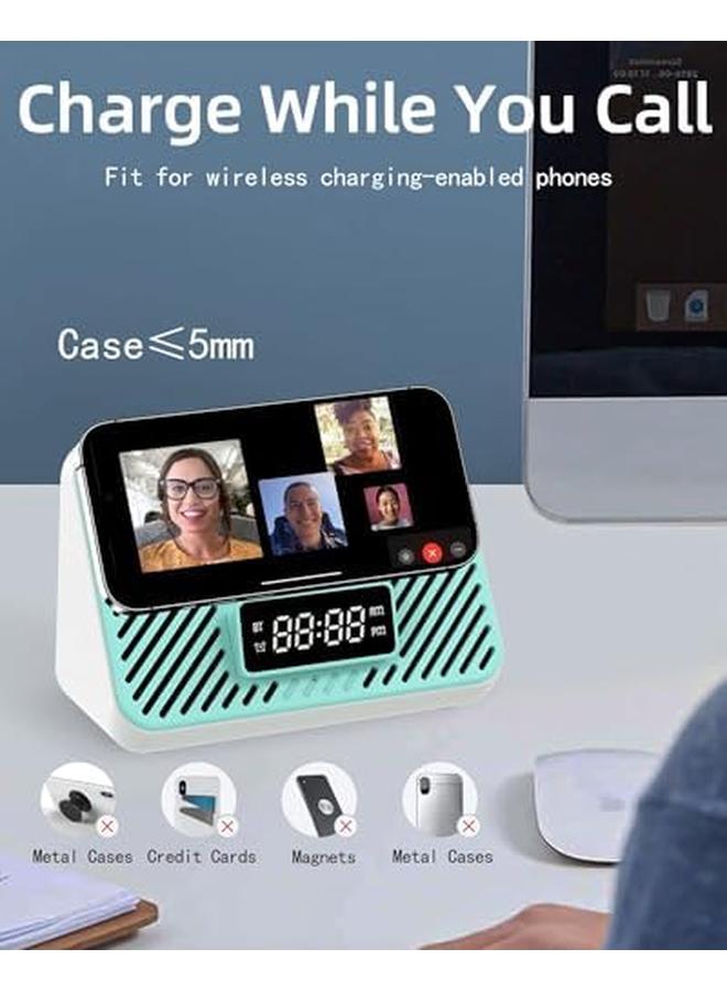 إكسفور محطة شحن لاسلكية 3 في 1 مع مكبر صوت بلوتوث وساعة منبه مكبر صوت بلوتوث LED محمول مع شاحن لاسلكي سريع 15 واط لهواتف آيفون وسامسونج وهواتف أندرويد الأخرى أزرق أبيض - Image 2