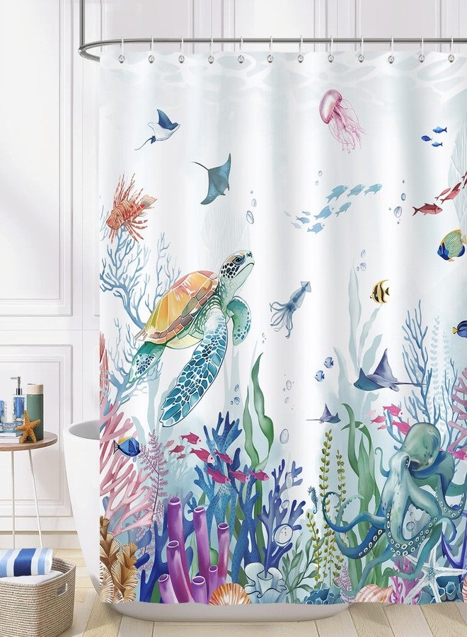 Bonhause Ocean Shower Curtain, Underwater Turtle Fish Coastal Beach Bathroom Decor 72 x 72 Inch Polyester Fabric Waterproof Bath Curtain with 12 Hooks - Image 2