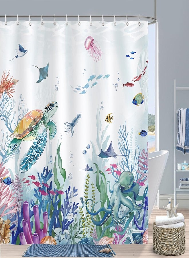 Bonhause Ocean Shower Curtain, Underwater Turtle Fish Coastal Beach Bathroom Decor 72 x 72 Inch Polyester Fabric Waterproof Bath Curtain with 12 Hooks - Image 1