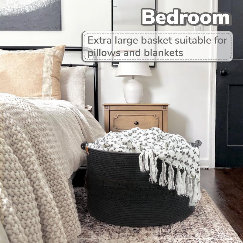 CherryNow 22"x22"x14" Large Blanket Basket, Home DÃ©cor for Living Room Bedroom, Boho Decorative Laundry Basket for Clothes, Baby Toy Storage, Black - Image 3