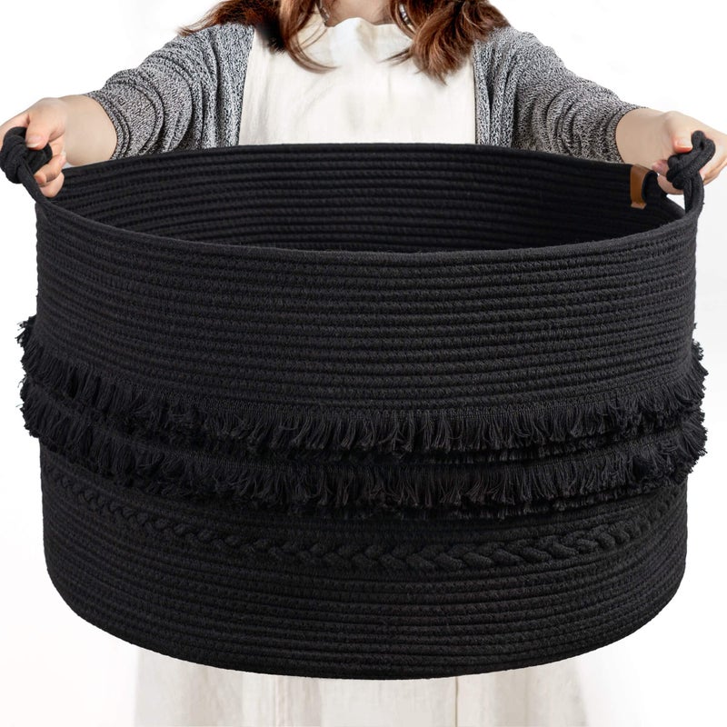CherryNow 22"x22"x14" Large Blanket Basket, Home DÃ©cor for Living Room Bedroom, Boho Decorative Laundry Basket for Clothes, Baby Toy Storage, Black - Image 1