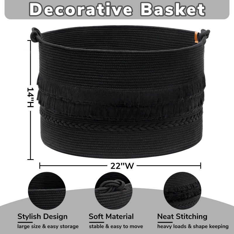 CherryNow 22"x22"x14" Large Blanket Basket, Home DÃ©cor for Living Room Bedroom, Boho Decorative Laundry Basket for Clothes, Baby Toy Storage, Black - Image 4